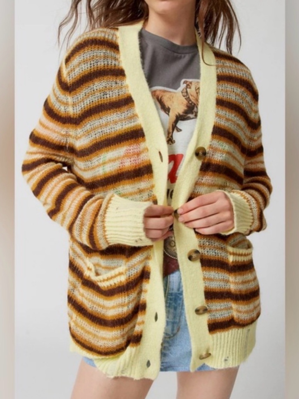 Striped Yellow & Brown Button Cardigan Sweater